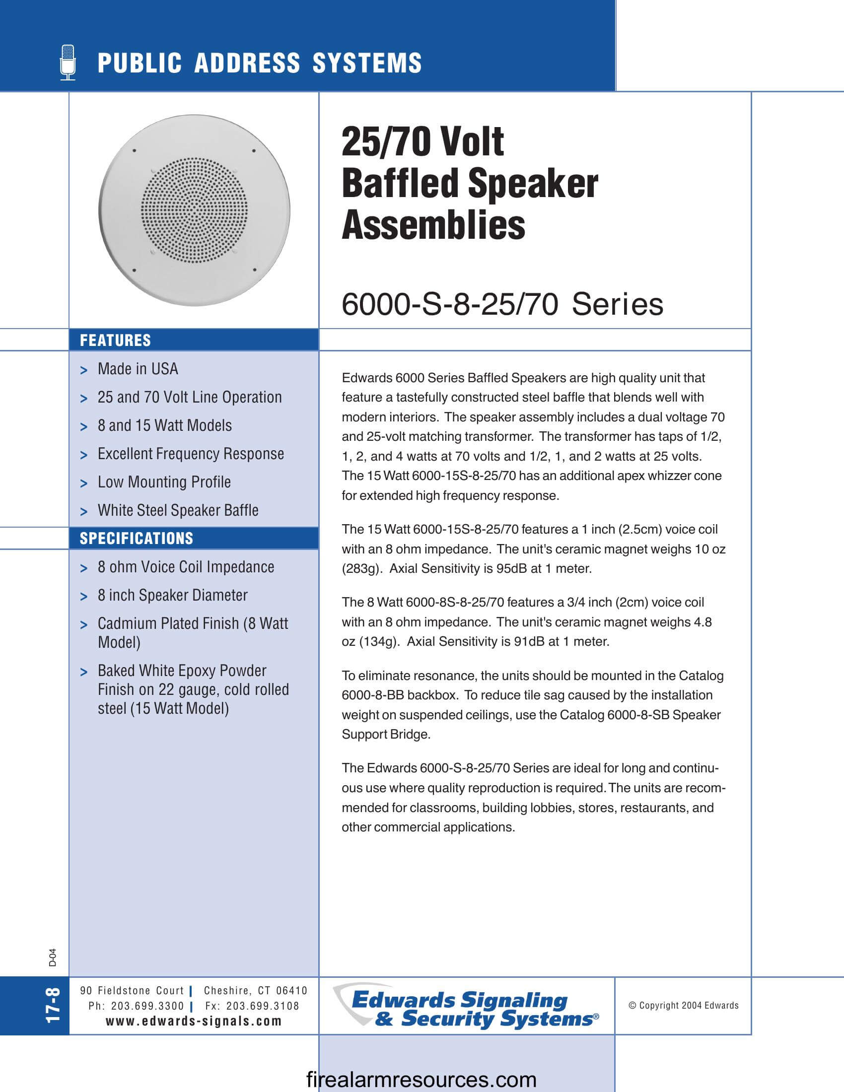 Edwards 6000-S-8-25_70 Series Catalog Page | Download fire alarm documents