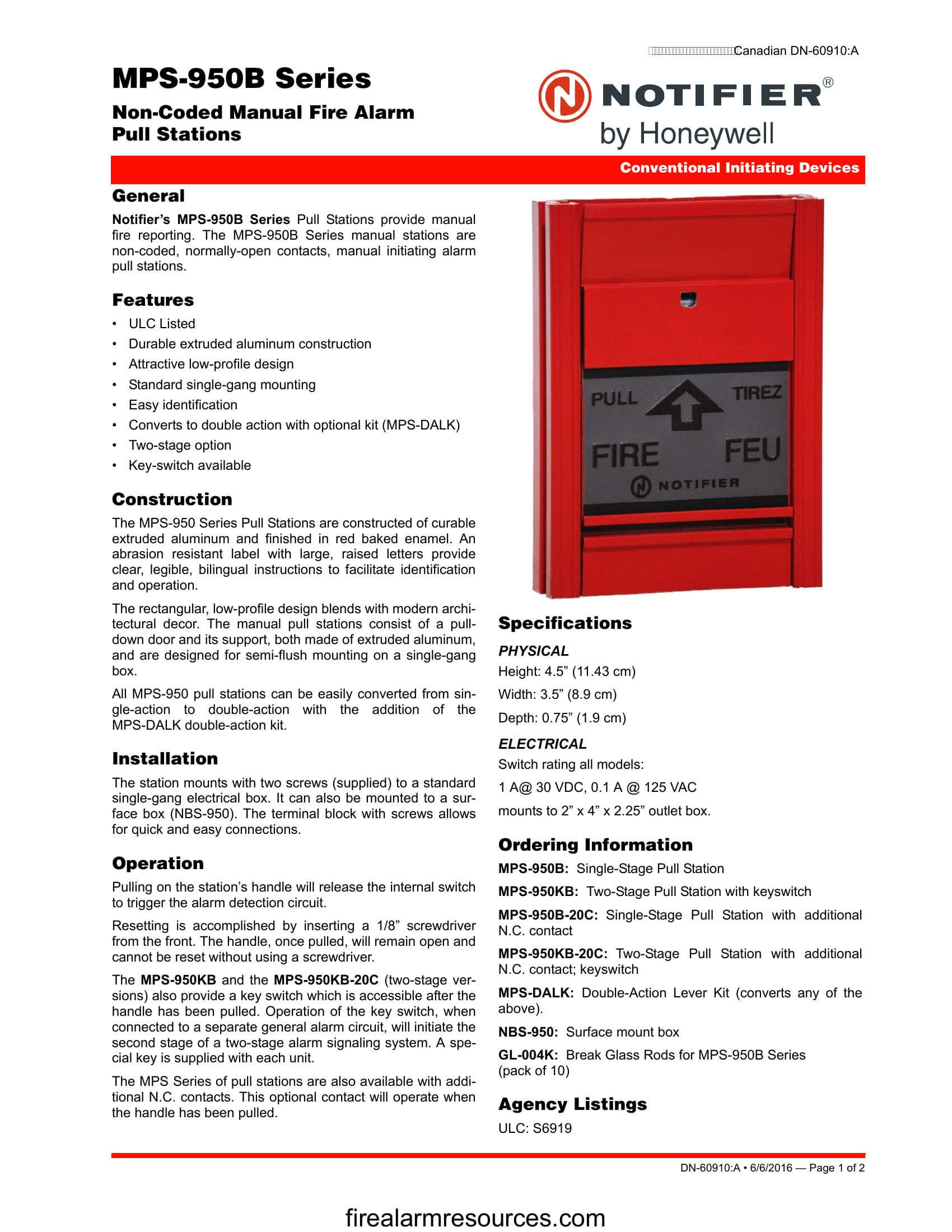 Notifier MPS950B Series NonCoded Manual Fire Alarm Pull... Download
