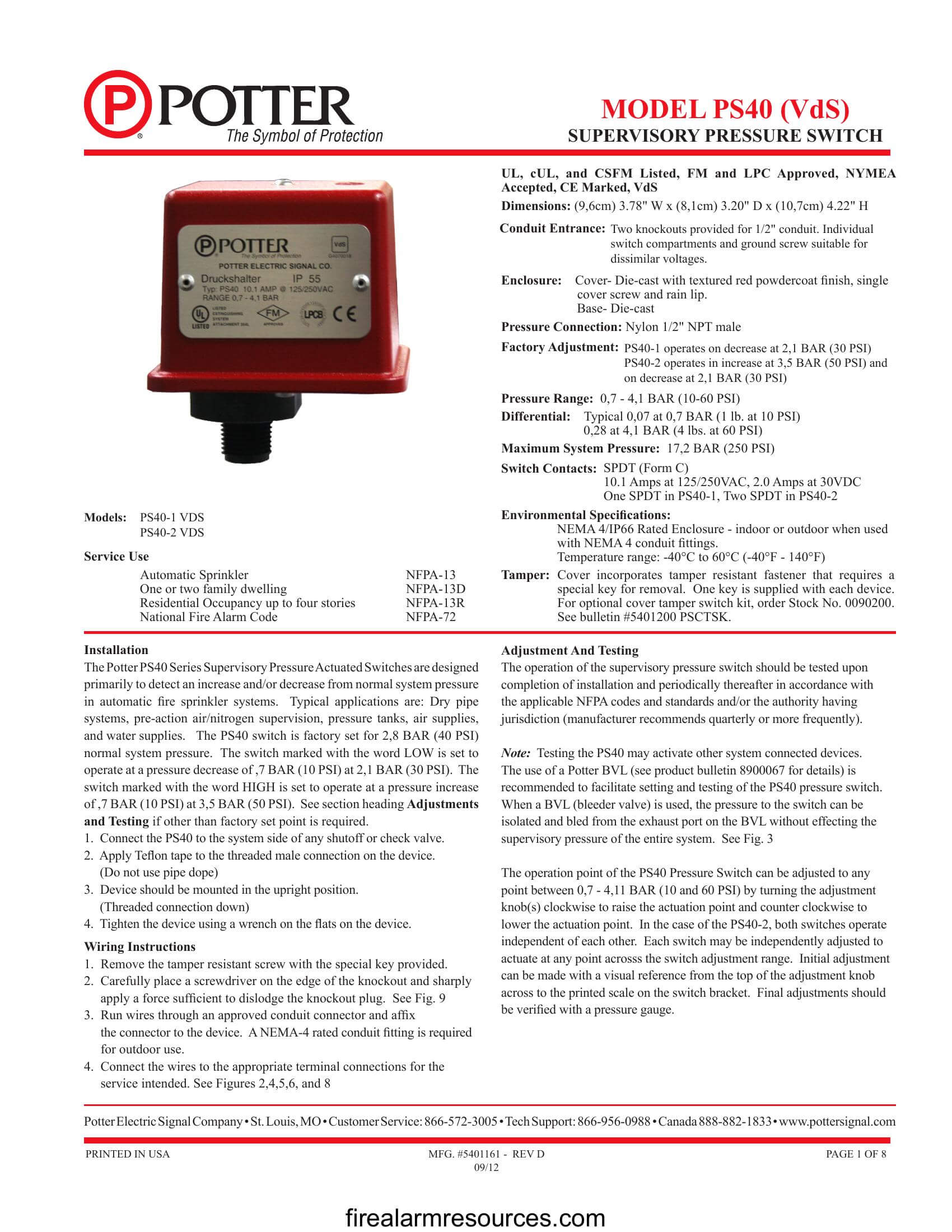 Potter PS40 Series Low_High Supervisory Pressure Switch f... Download