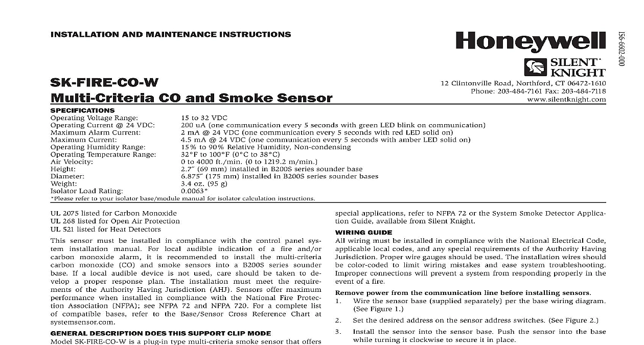 Silent Knight Honeywell SK-FIRE-CO-W Carbon Monoxide Detector – Commercial Fire Alarm CO Detector, New