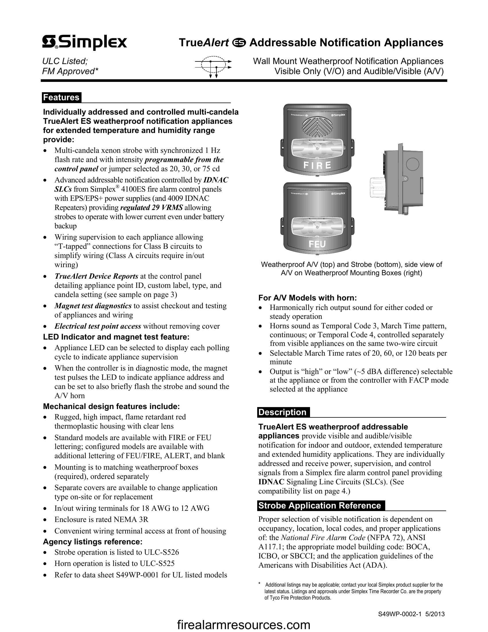 Simplex 49WP TrueAlert ES Addressable Notification Applia... | Download  fire alarm documents