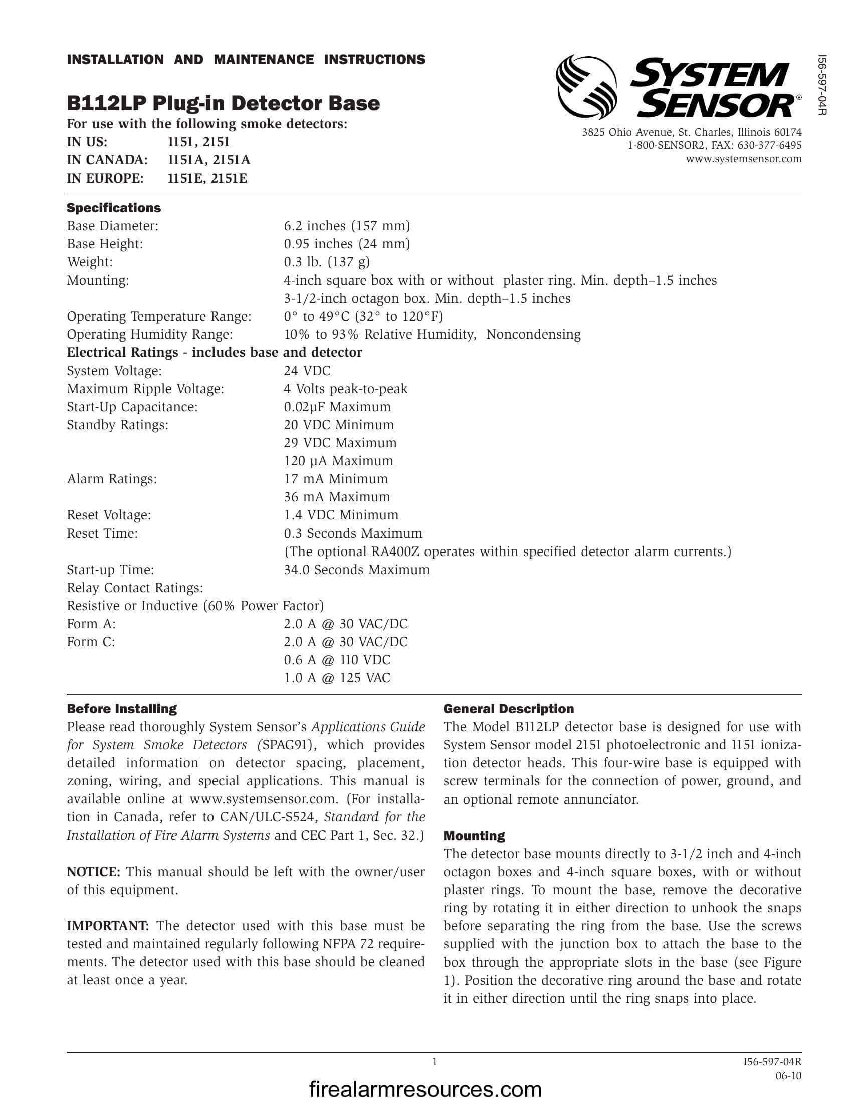System Sensor B114LP Manual | Download fire alarm documents