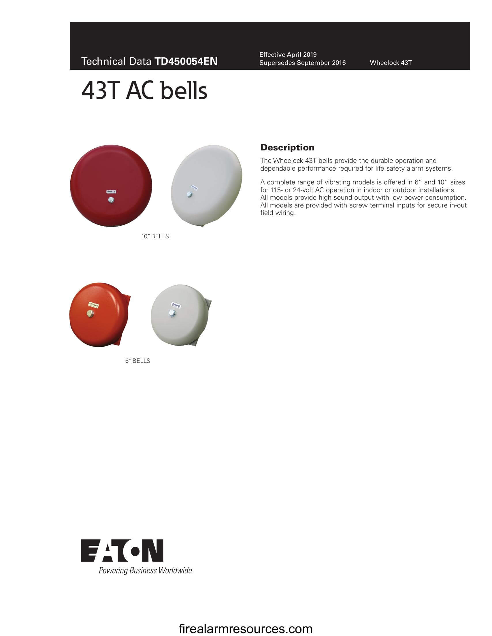 Wheelock Bell Ringer Wheelock CH chimes data sheet | Download fire alarm documents