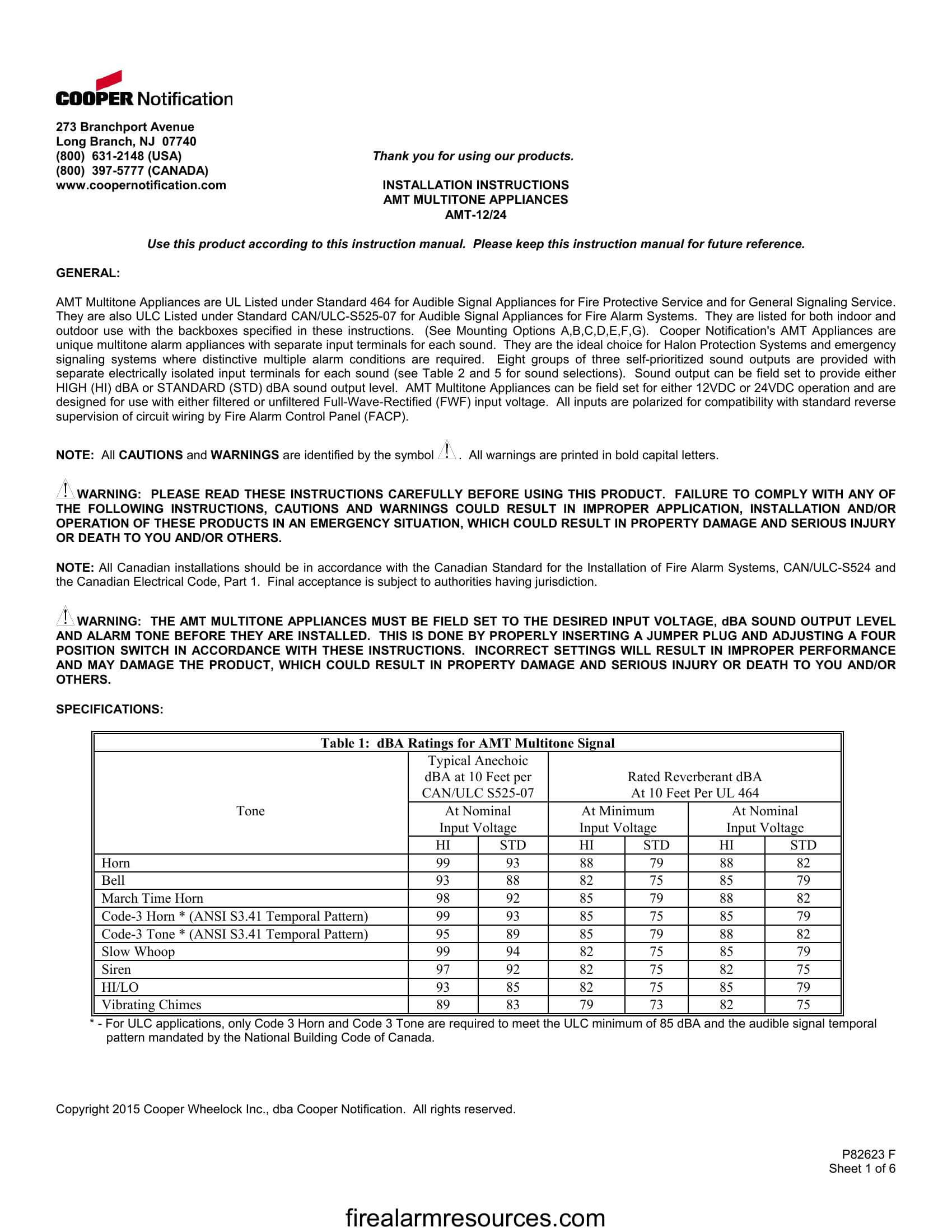 Wheelock AMT horn strobe installation sheet P84158 Download fire