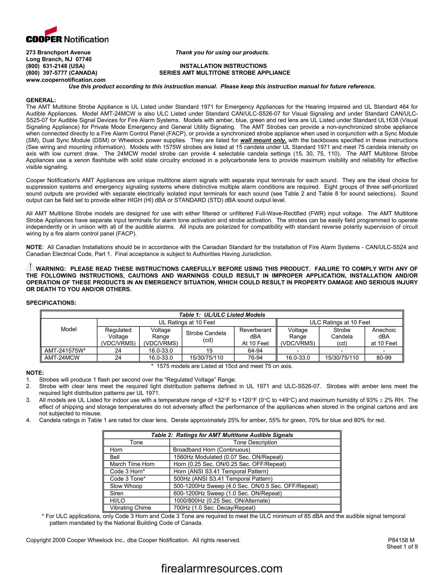 Wheelock AMT horn strobe installation sheet P84158 Download fire