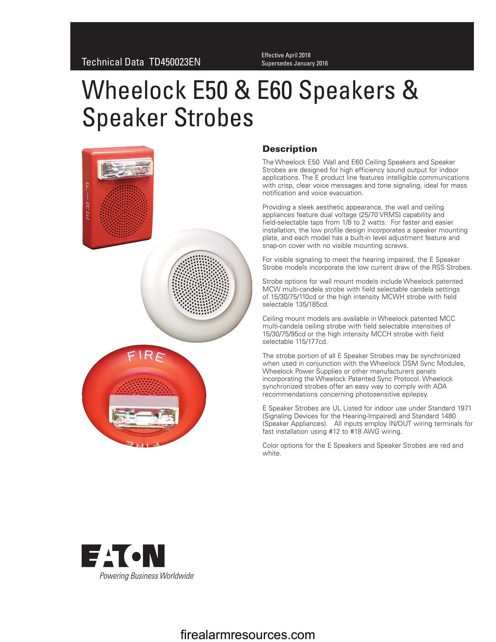 Wheelock E50H & E60H speakers data sheet Download fire alarm documents