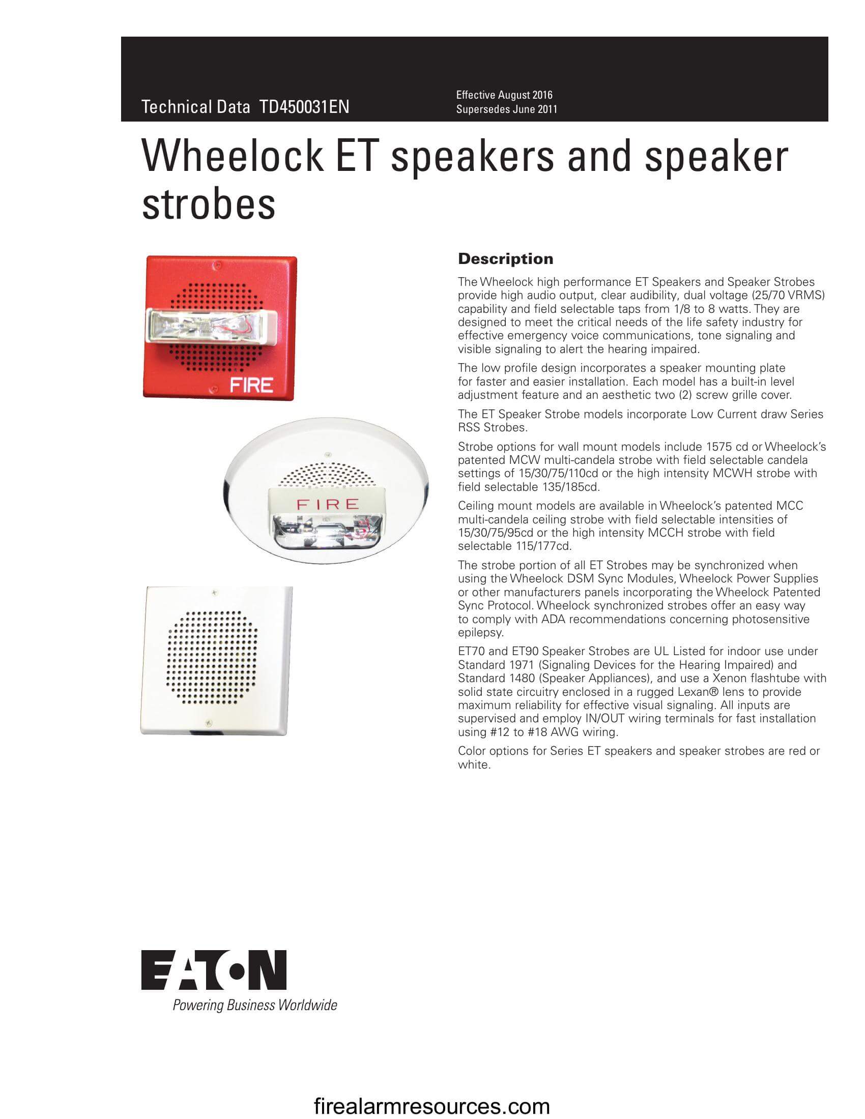 Wheelock E50H & E60H speakers data sheet Download fire alarm documents