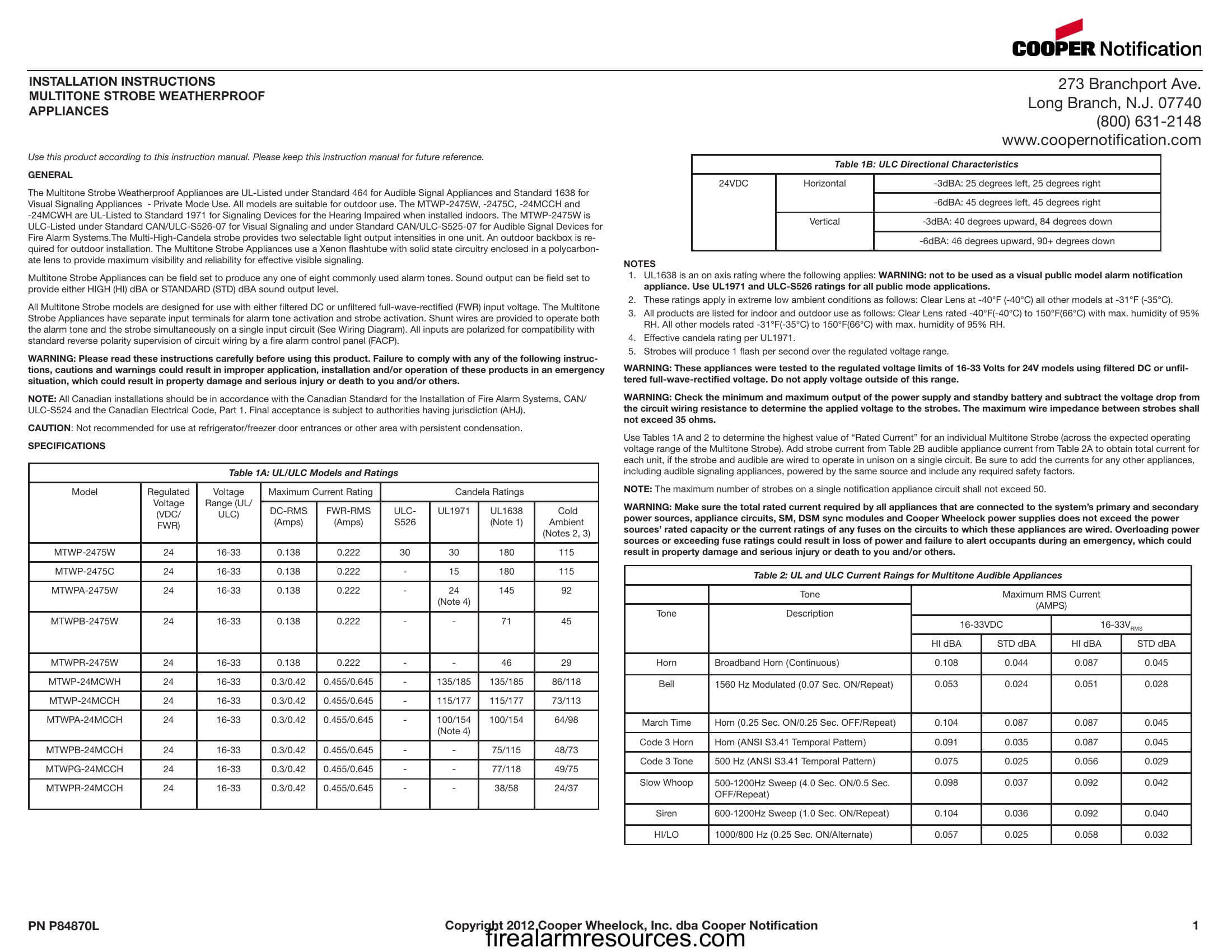 Wheelock AMT horn strobe installation sheet P84158 Download fire